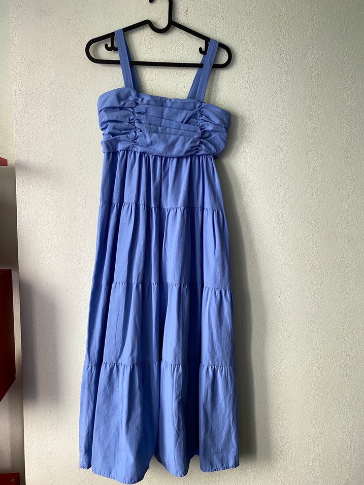 Mavi Uzun Askılı Fırfırlı Elbise - Görsel 3