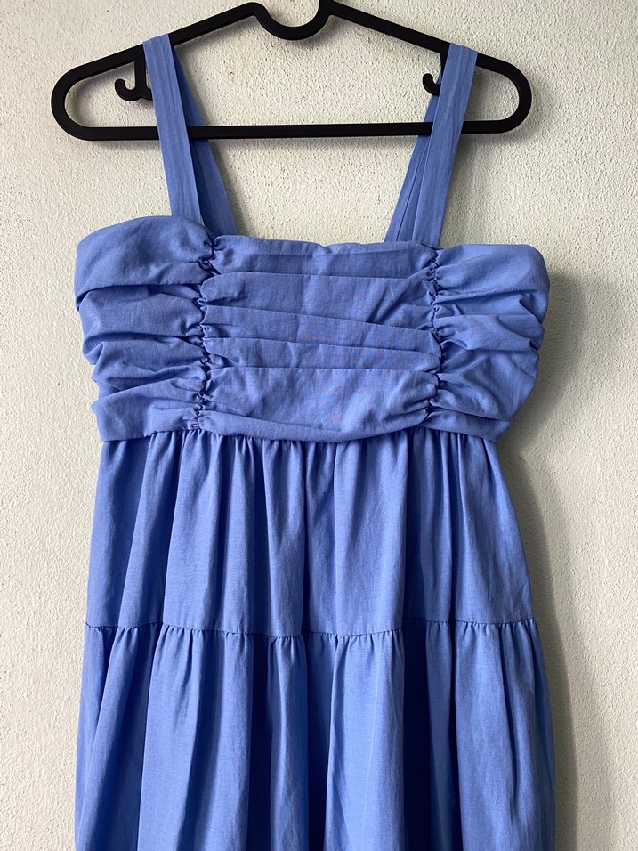 Mavi Uzun Askılı Fırfırlı Elbise - Görsel 2