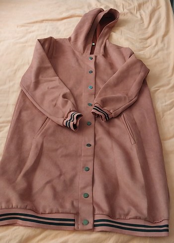 Pembe Kapüşonlu Süet Kadın Kaban - Görsel 2