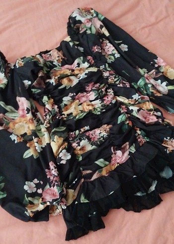 Çiçek Desenli Uzun Kollu Mini Elbise - Görsel 2