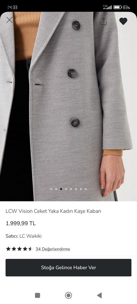 LCW kadın gömlek yaka Gri Çift Düğmeli kaşe Kaban palto - Görsel 3