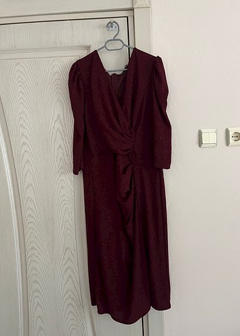 Bordo Keten V Yaka Midi Elbise