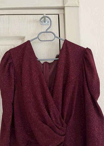 50 Beden Bordo Keten V Yaka Midi Elbise