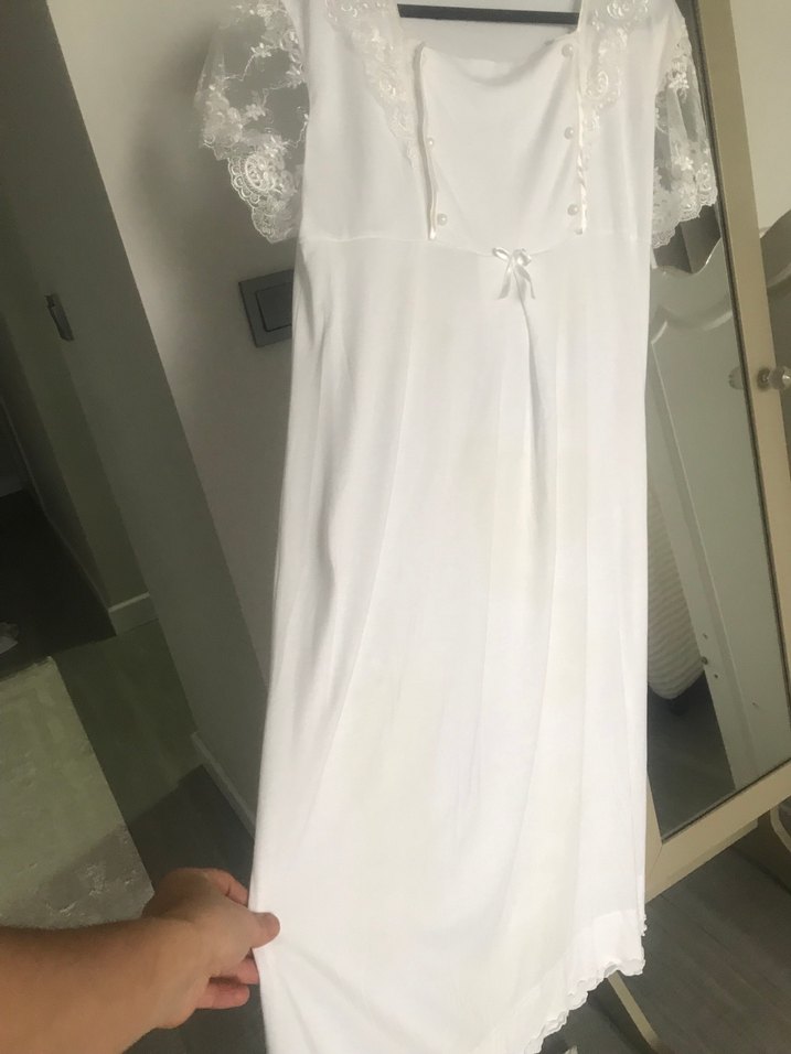 Dantel Detaylı Beyaz Midi Kadın Gecelik - Görsel 2