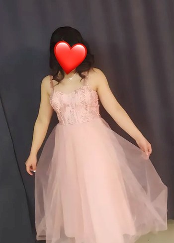 Pudra Pembe Straplez Dantel Uzun Abiye