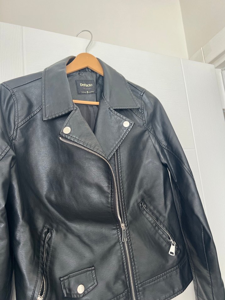 Siyah Kadın Deri Biker Ceket - Görsel 2