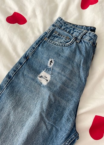 Kadın Mavi Bağcıklı Salaş Midi Denim Jean - Görsel 7