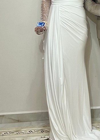 Drapeli Beyaz Uzun Kollu Abiye Elbise - Görsel 9