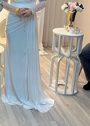 Drapeli Beyaz Uzun Kollu Abiye Elbise - Görsel 6