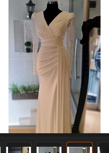 Drapeli Beyaz Uzun Kollu Abiye Elbise - Görsel 3