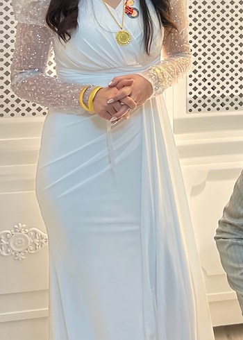 Drapeli Beyaz Uzun Kollu Abiye Elbise - Görsel 7