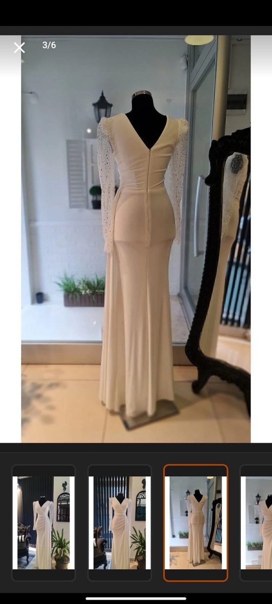 Drapeli Beyaz Uzun Kollu Abiye Elbise - Görsel 2