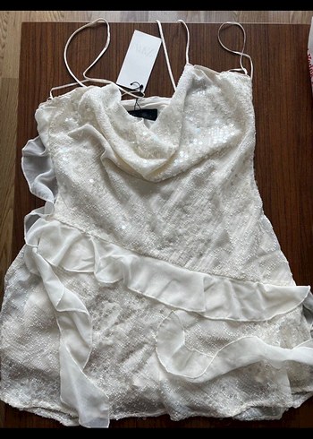 Zara Beyaz pullu mini Elbise - Görsel 5