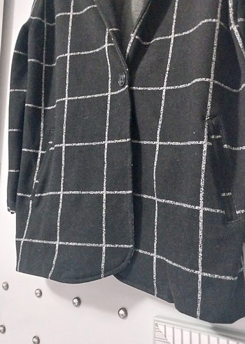 Kadın Gri Ekose Düğmeli Midi Kaban ceket hırka - Görsel 3