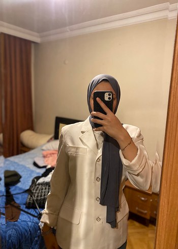 l Beden Beyaz Kadın Belden oturmalı Blazer Ceket