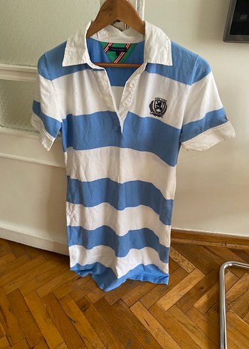 Mavi Beyaz Çizgili Pamuklu Polo elbise