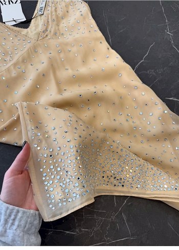 Bej Mini V Yaka Payetli Kadın Elbise - Görsel 2