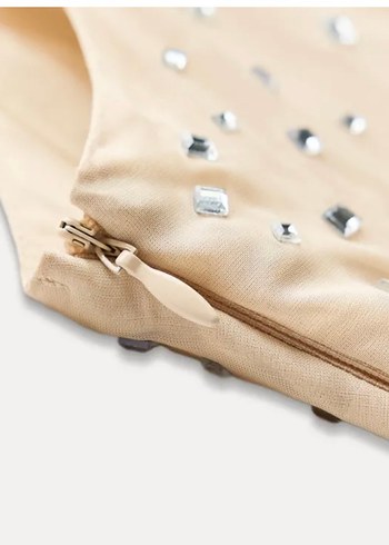 Bej Mini V Yaka Payetli Kadın Elbise - Görsel 10