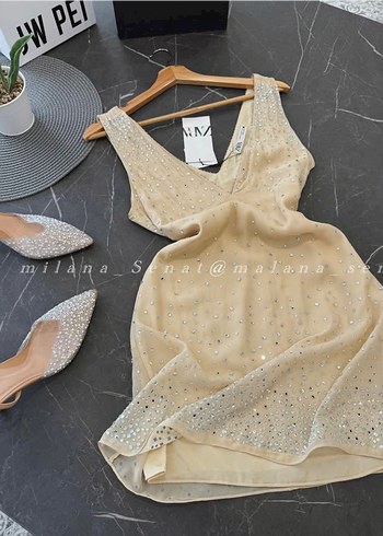 Bej Mini V Yaka Payetli Kadın Elbise - Görsel 6