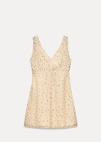 Bej Mini V Yaka Payetli Kadın Elbise - Görsel 8