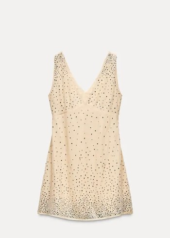 Bej Mini V Yaka Payetli Kadın Elbise - Görsel 9