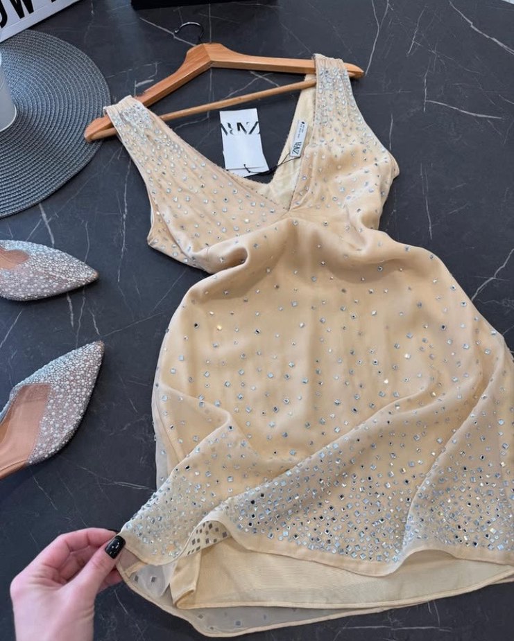 Bej Mini V Yaka Payetli Kadın Elbise - Görsel 3