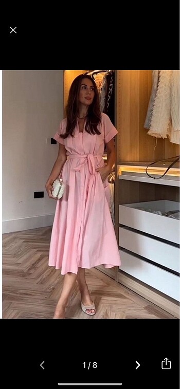Pembe pamuklu uzun elbise