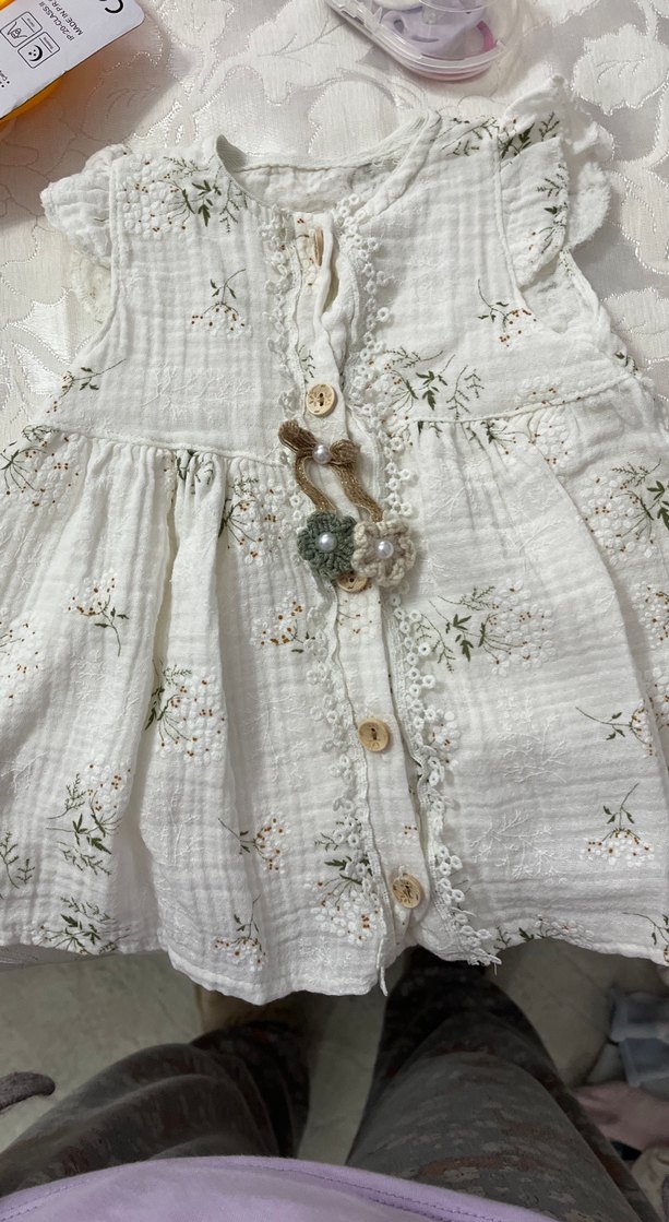 Beyaz Nakışlı Keten Kız Elbise - Görsel 2
