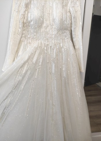 Bohem Tarzda Yüksek Yaka Beyaz A Kesim Gelinlik - Görsel 5