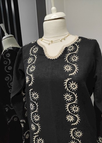 taş baskı Nakışlı Siyah Bohem Uzun Tunik - Görsel 3