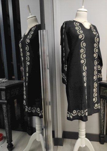 taş baskı Nakışlı Siyah Bohem Uzun Tunik - Görsel 7