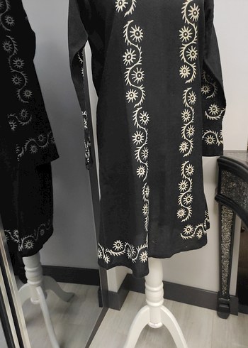 taş baskı Nakışlı Siyah Bohem Uzun Tunik - Görsel 8