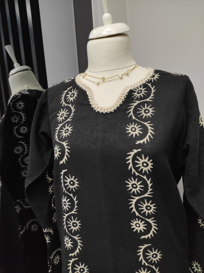 taş baskı Nakışlı Siyah Bohem Uzun Tunik - Görsel 3