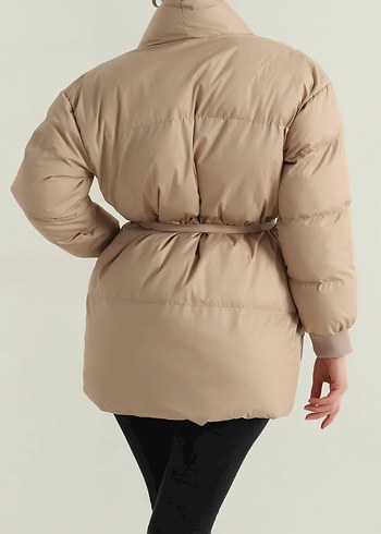 Bej Kuşaklı Midi Kadın Kışlık Mont - Görsel 4