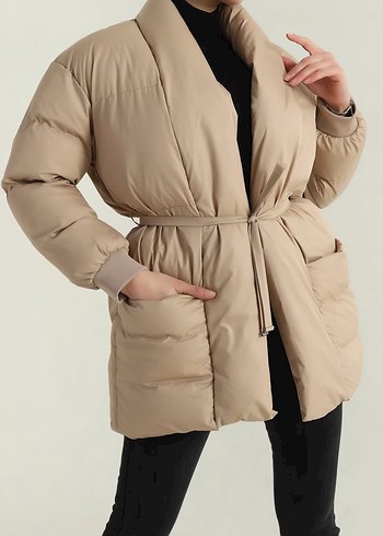 Bej Kuşaklı Midi Kadın Kışlık Mont - Görsel 2