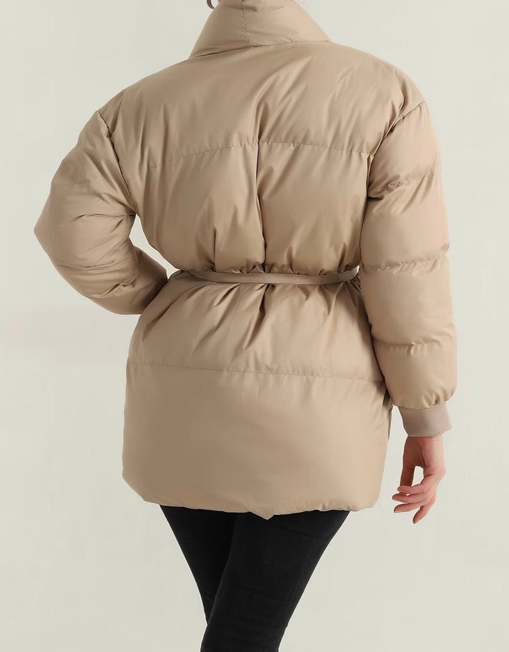 Bej Kuşaklı Midi Kadın Kışlık Mont - Görsel 4