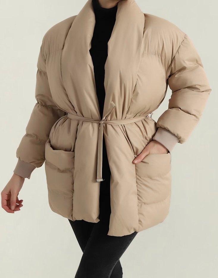 Bej Kuşaklı Midi Kadın Kışlık Mont - Görsel 3