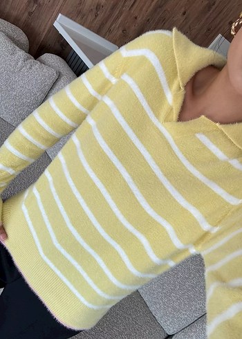 Sarı Çizgili Kadın Kazak - Görsel 3