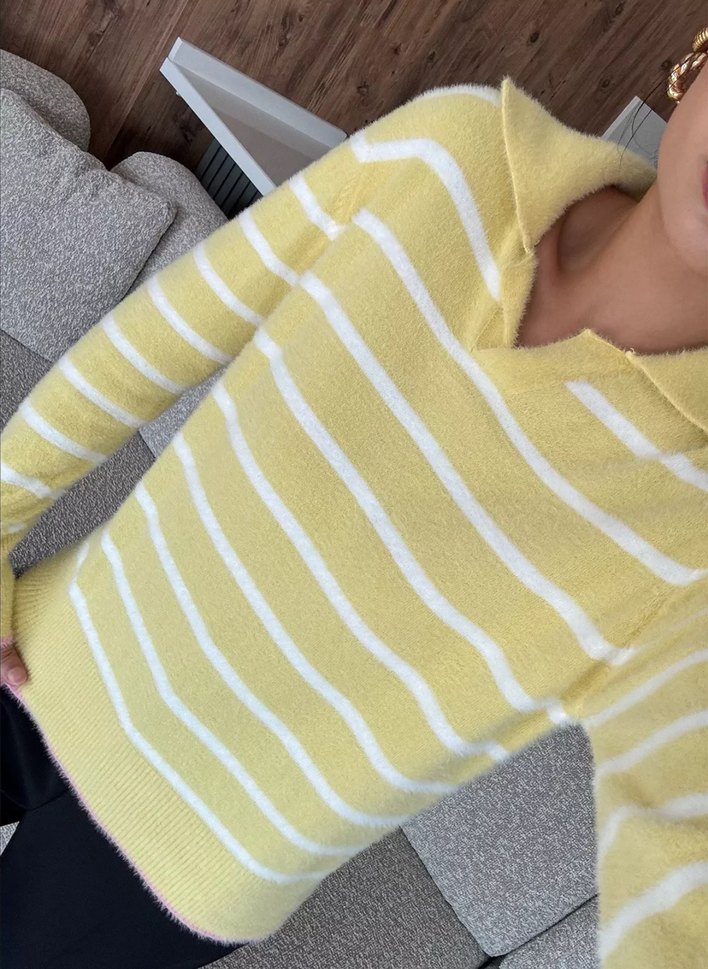 Sarı Çizgili Kadın Kazak - Görsel 3