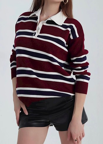 Bordo Çizgili Polo Yaka Düğmeli Kadın Kazak - Görsel 2
