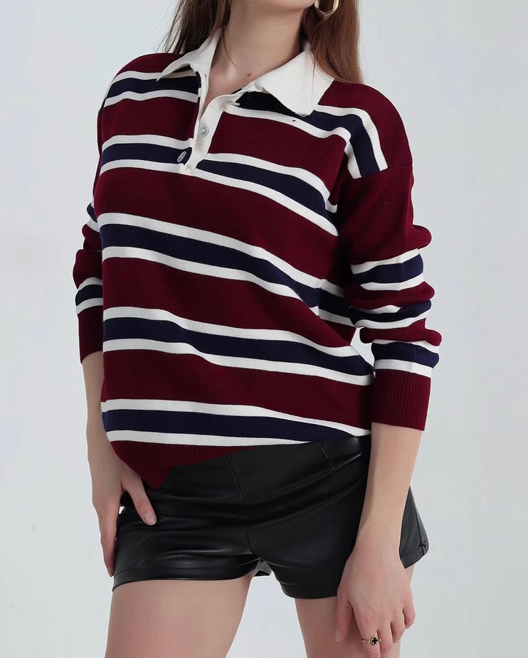 Bordo Çizgili Polo Yaka Düğmeli Kadın Kazak - Görsel 2