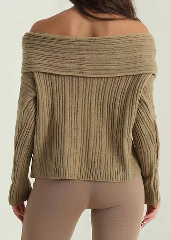 Bej Kayık Yaka Örgü Kadın Kazak - Görsel 4