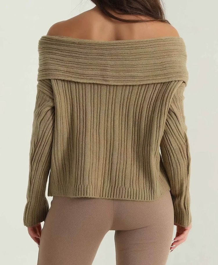 Bej Kayık Yaka Örgü Kadın Kazak - Görsel 4