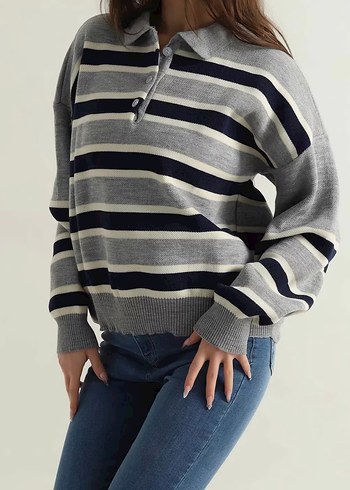Gri Çizgili kadın Polo Yaka Kazak - Görsel 2
