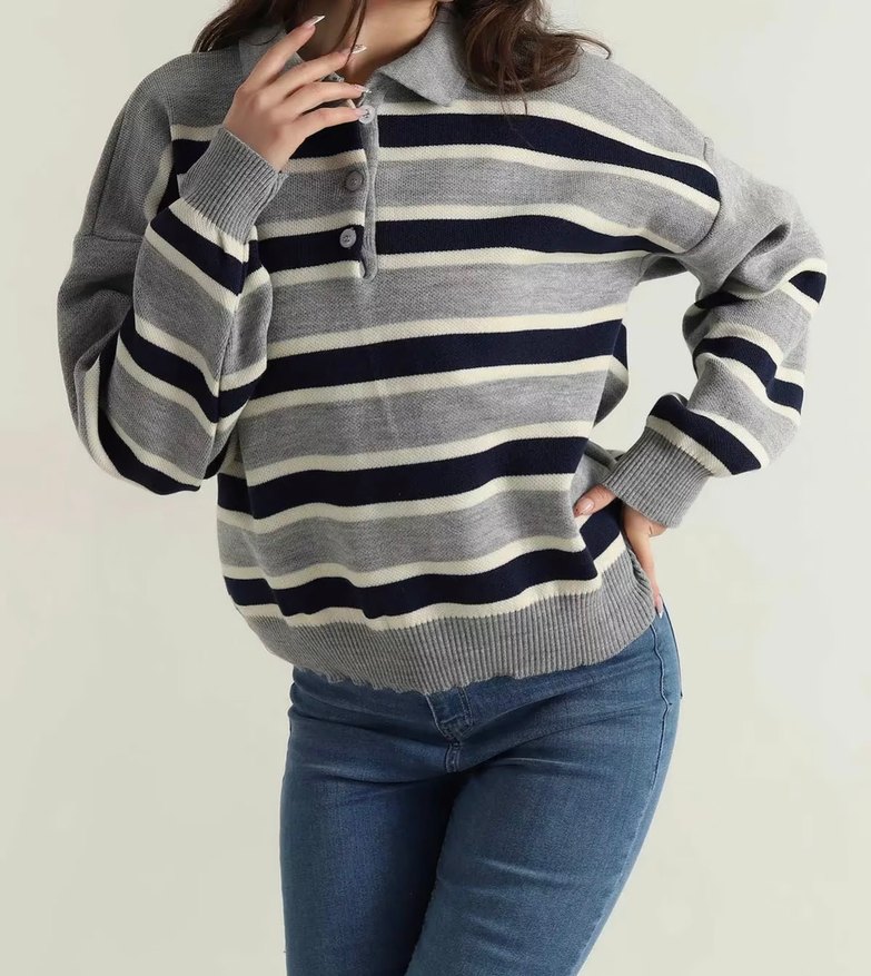 Gri Çizgili kadın Polo Yaka Kazak - Görsel 3