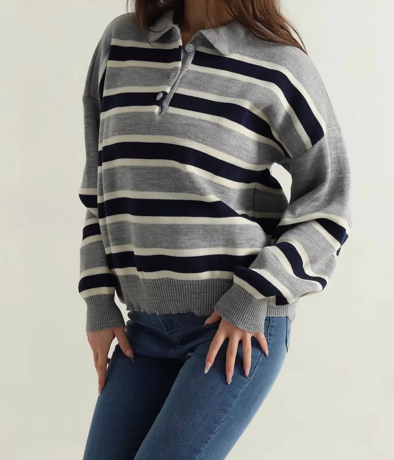 Gri Çizgili kadın Polo Yaka Kazak - Görsel 2