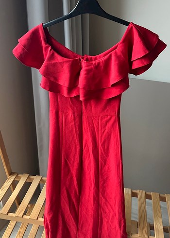 Kırmızı Uzun Fırfırlı  Abiye Elbise - Görsel 4