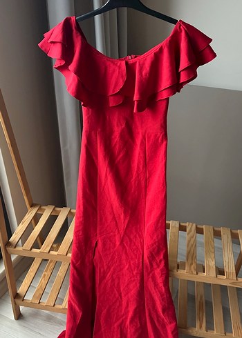 Kırmızı Uzun Fırfırlı  Abiye Elbise - Görsel 2