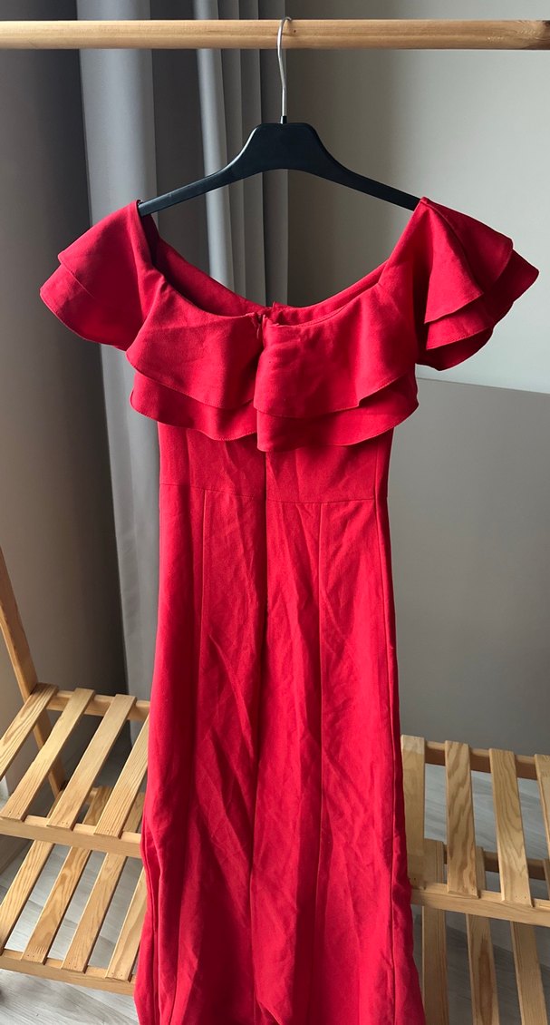 Kırmızı Uzun Fırfırlı  Abiye Elbise - Görsel 4