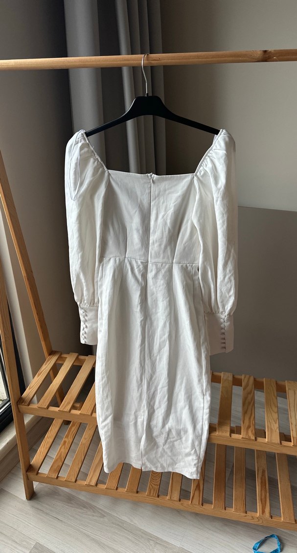 Düğmeli Beyaz  Midi Elbise - Görsel 2